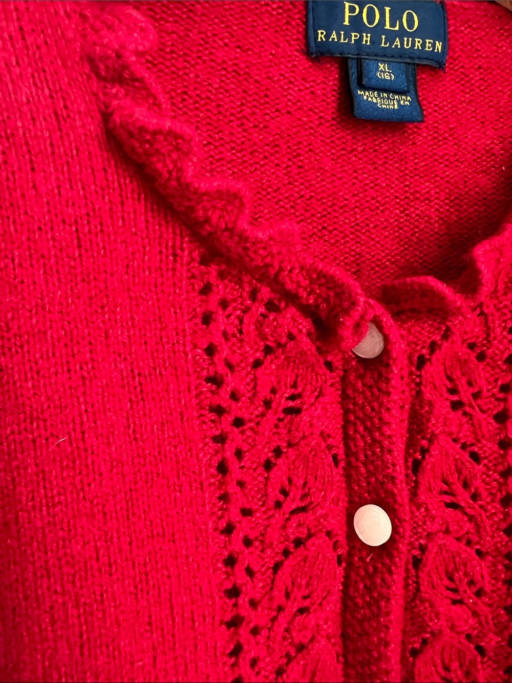 Polo by Ralph Lauren | Kids Bright Red Cropped Cardigan Scalloped Edges Sz XL - Picture 4 of 11